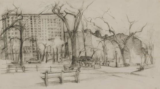 RACKSTRAW DOWNES, American/British, pencil on paper: RACKSTRAW DOWNES American/British (b. 1939) Riverside Drive with the Gates of Columbia, 1979 pencil on paper, initialed "RD" lower right 17 5/8 x 32 inches (sheet)Provenance: Tatistcheff and Company,