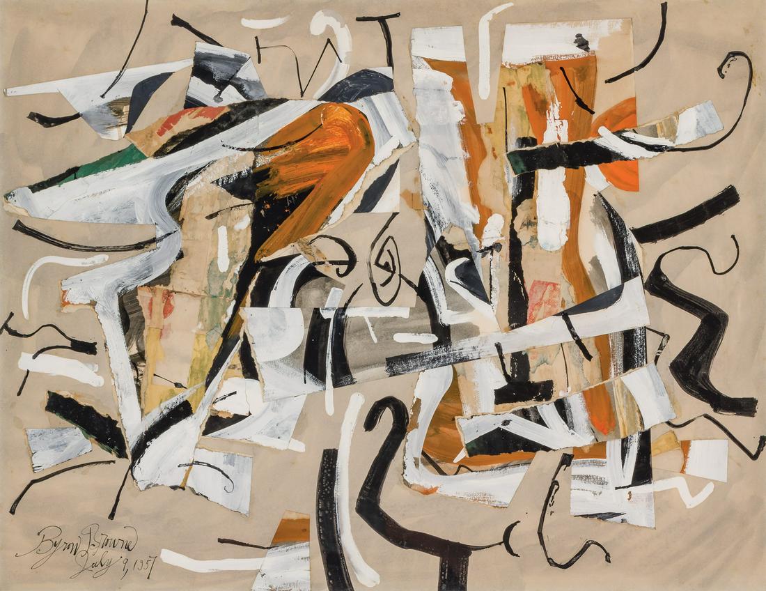 BYRON BROWNE, American, mixed media with collage on: BYRON BROWNE American (1907-1961) Untitled mixed media with collage on paper, signed "Byron Browne" and dated "July 9, 1957" lower left 19 1/4 x 25 inches (sight)Provenance: Private Collection, Pennsy
