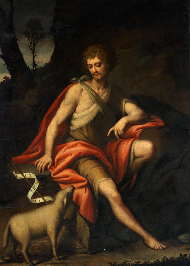 Bernardino Campi (Cremona 1522 - Reggio Emilia 1591): San Giovanni Battista olio su tela, cm 195 x 140 firmato e datato in basso a sinistra: BERNARDINVS CAMPVS CREMONESI MDLXXV iscrizione sul telaio: A Messer/ Al Signor Don Giuseppe/ Bellini/ a Massa ant