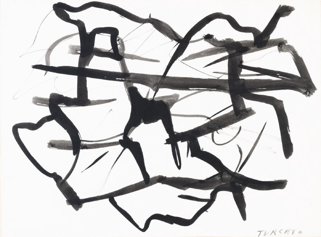 Giulio Turcato (Mantova 1912 - Roma 1995): Reticolo, fine Anni '50 china diluita su carta applicata su cartone, cm 36,5 x 49,5 Firmato in basso a destra: Turcato Opera registrata presso l'Archivio Turcato con il n°L.2166213, DEP181029BM11GB.