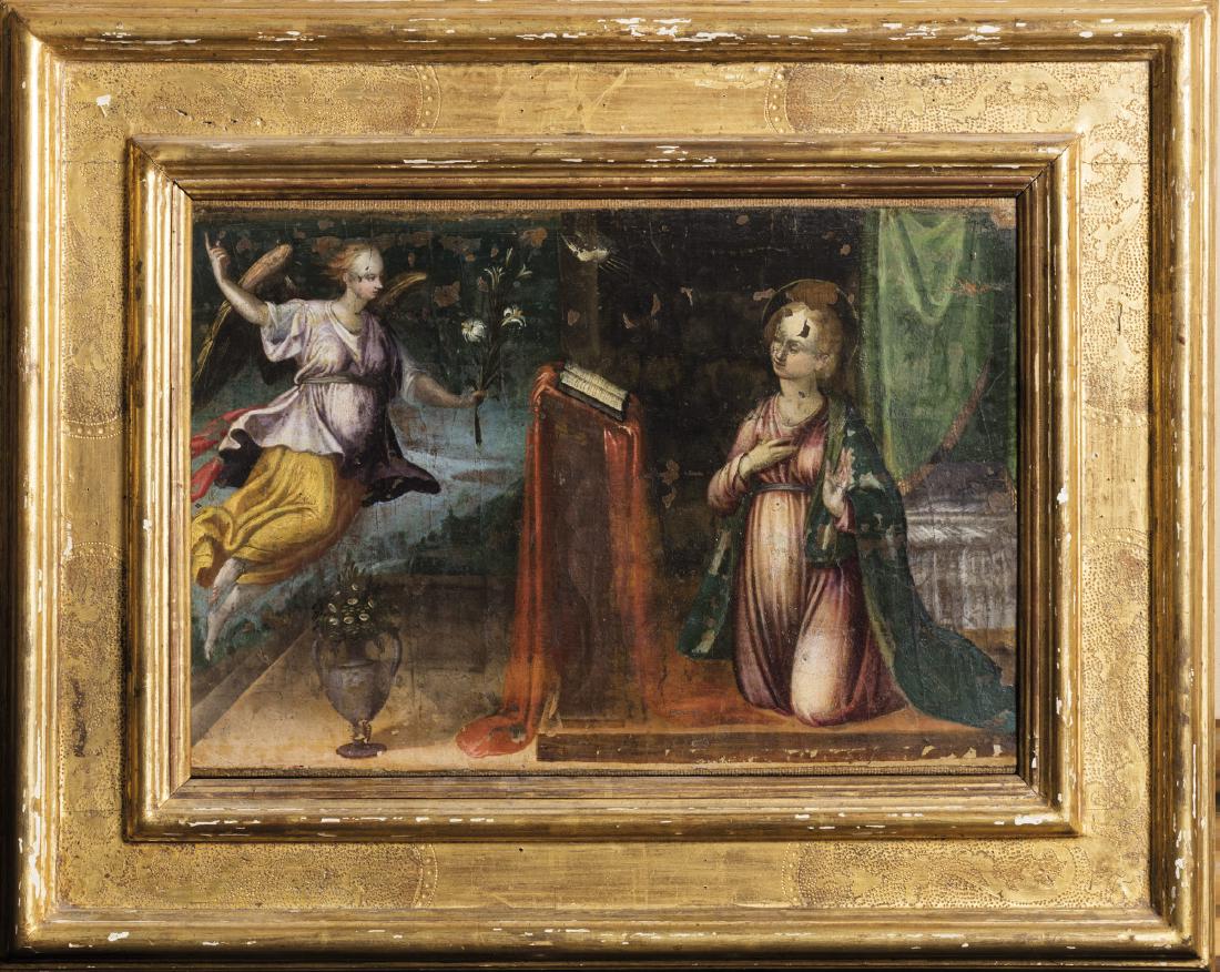 Cerchia di Marcello Venusti (Como ca. 1512 - Roma 1579): Annunciazione olio su tela, cm 33 x 51, entro cornice a cassetta punzonata del secolo XVII 1 Royalty: