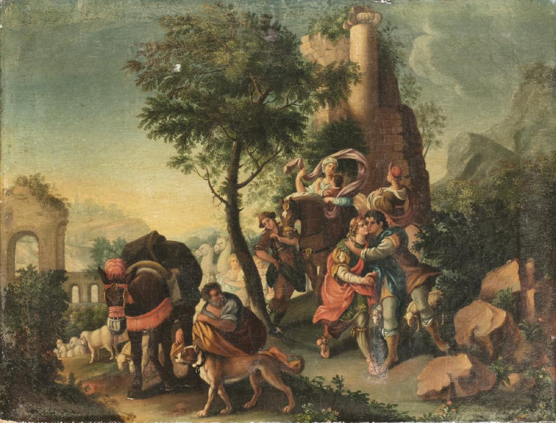 Bianca Crivelli (attiva in Italia, secolo XIX): Incontro di Esaù e Rebecca olio su tela originale, cm 37 x 48,5 iscrizione sul retro della tela: Incontro d'Esaù e Rebecca/ Bianca Crivelli pinse 1 Royalty: