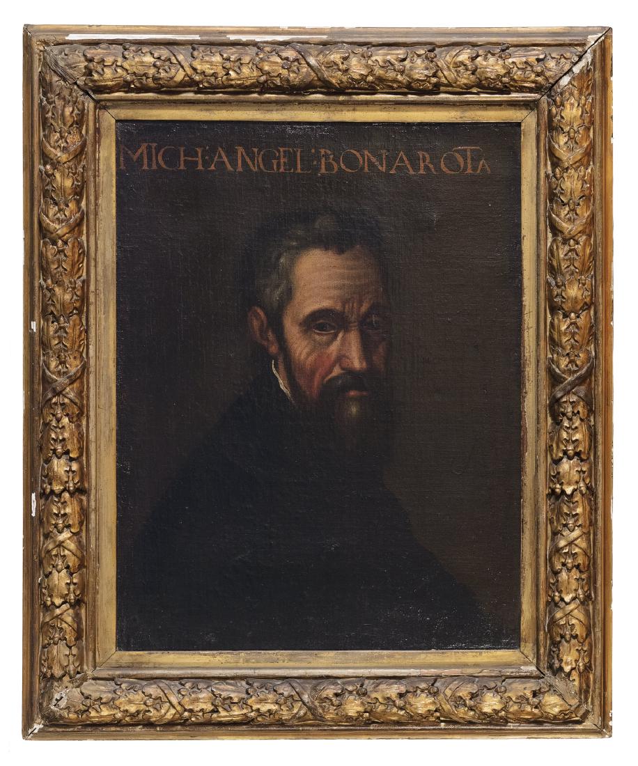 Maniera di Marcello Venusti: Ritratto di Michelangelo Buonarroti olio su tela, cm 63 x 48,5 iscritto in alto: MICH:ANGEL:BONAROTA 1 Royalty: