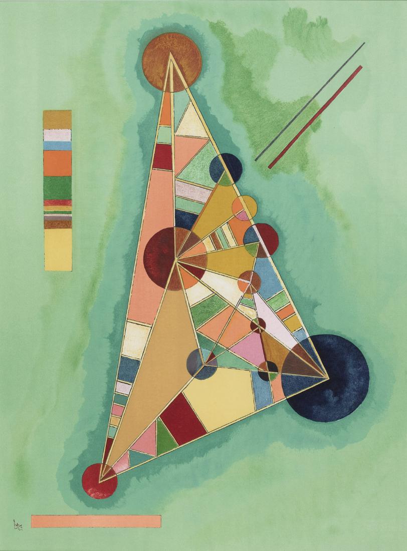Wassily Kandinsky (Mosca 1866 – Neuilly-sur-Seine 1944): Bigarrure dans le triangle, 1965 litografia a colori, es. P.A., (dalla tiratura non numerata delll'affiche avant - lettre d'après un dipinto del 1924, cm 50 x 37 Sigla e data nella lastra in basso a 
