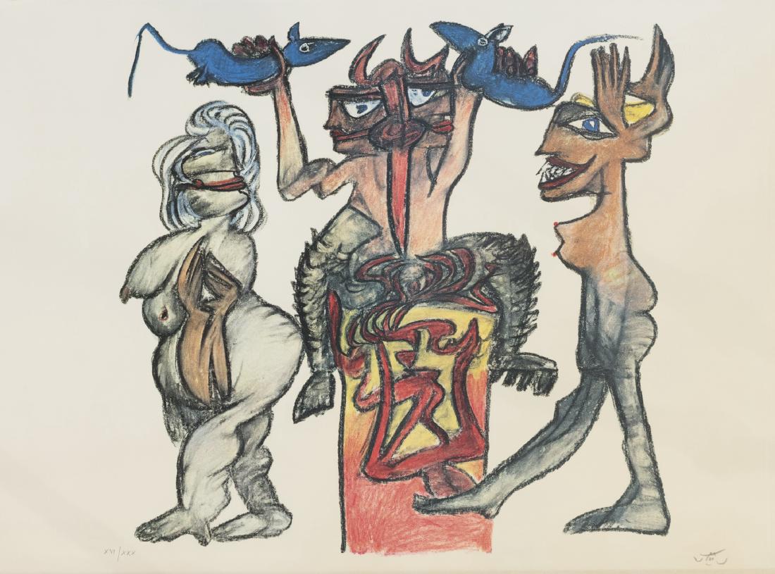 Roberto Sebastian Matta (Santiago Del Cile 1911 -: Composizione con figure litografia a colori, es. XVI/XXX, cm 50,5 x 67,5 (misure del foglio), (sc) Firma a matita in basso a destra 1