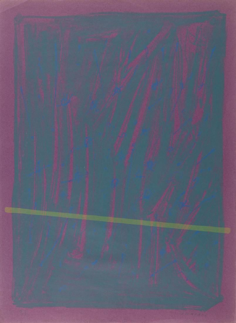 Giulio Turcato (Mantova 1912 - Roma 1995): Composizione verde e blu su carta viola litografia a colori, es. 4/13, cm 70 x 50, (misure del foglio), (sc) Firma a matita in basso a destra 1