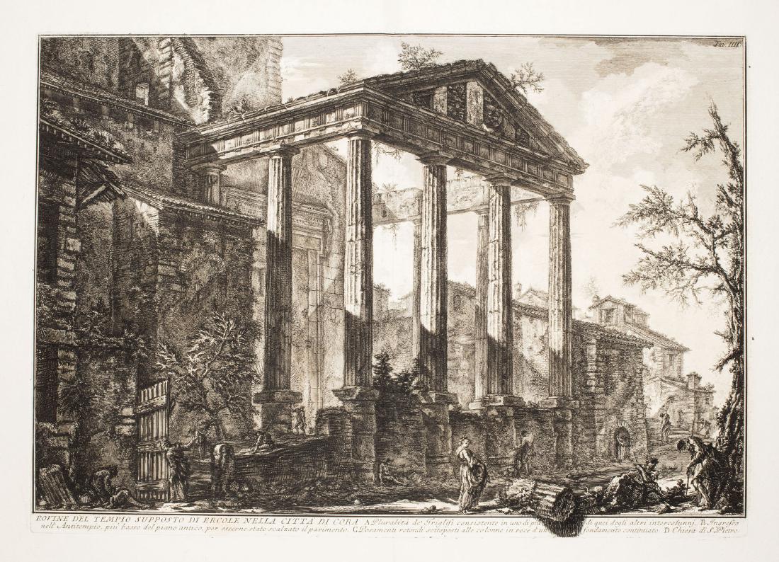 Piranesi, Giovanni Battista: Rovine del Tempio supposto di Ercole nella Città di Cora Acquaforte, 1764, 450 x 630 mm, firmata in basso a destra e numerata in altro a destra Tav. IIII in lastra, foglio intero, consueta piega cent