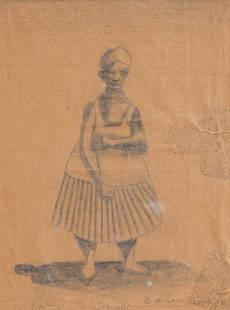 Emiliano di Cavalcanti (Rio de Janeiro 1887 - 1976): Figura femminile in piedi grafite su carta giallina, cm 17,5 x 13 Firmato in basso a destra: E. di Cavalcanti Alcuni danni al margine destro PROVENIENZA: collezione Elsa Martinelli, Roma 1