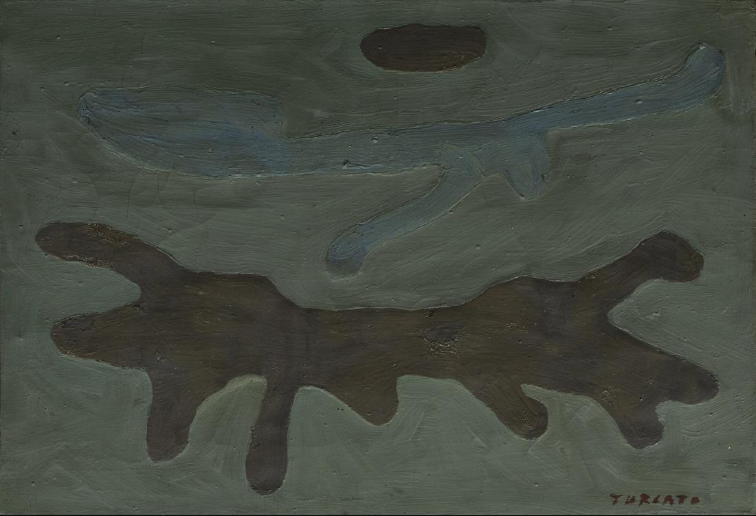 Giulio Turcato (Mantova 1912 - Roma 1995): Le ombre, 1957 tecnica mista su tela, cm 52 x 72 Firmato in basso a destra: Turcato Opera registrata presso l'Archivio Turcato con il n°BM221808ML03LLA, come iscritto al retro della tela Autentica de