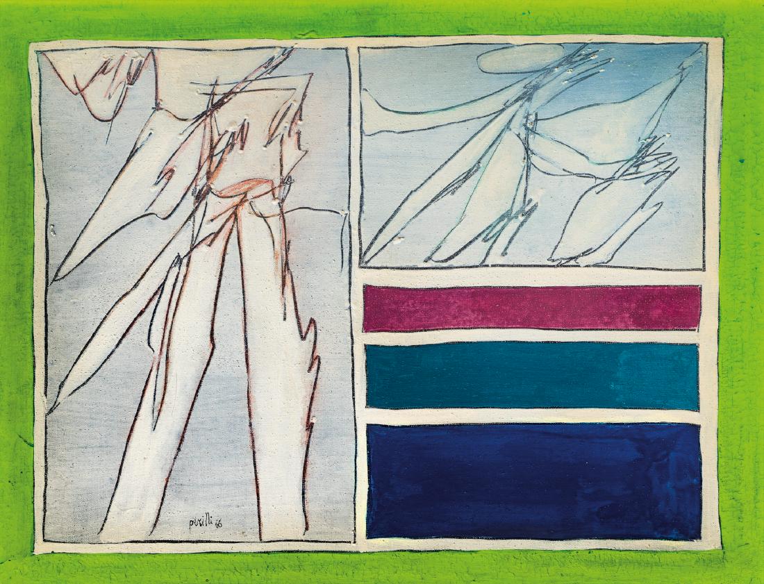 Achille Perilli (Roma 1927): L'albero del desiderio, 1966 tecnica mista su tela, cm 40 x 50 Firmato in basso a sinistra: Perilli 66 Firmato al verso: Achille Perilli 1966, l'albero del desiderio Opera registrata presso l'Archivio