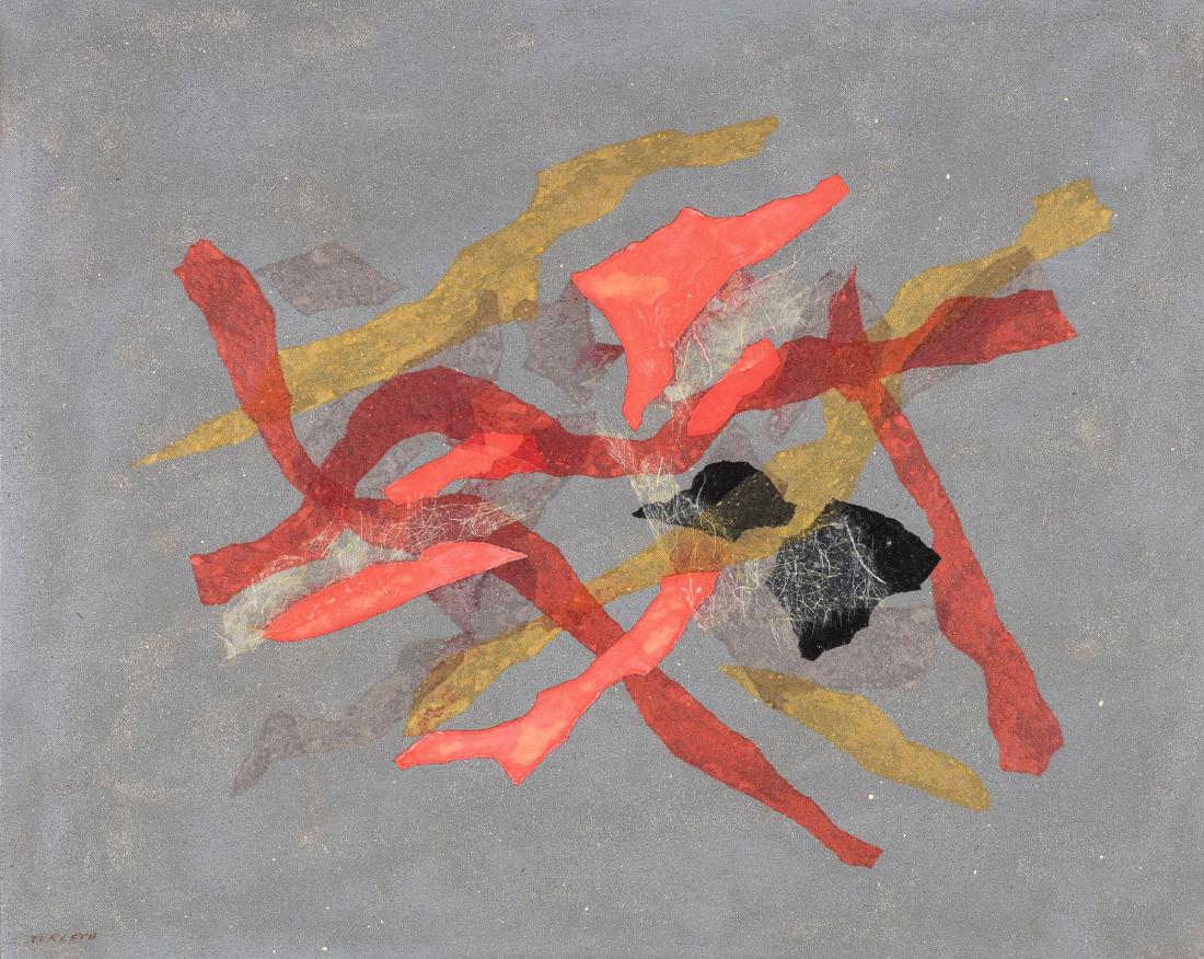 Giulio Turcato (Mantova 1912 - Roma 1995): Composizione olio, sabbia e collage su tela, cm 80 x 100 Firmato in basso a destra ed al verso: Turcato Opera registrata presso l'Archivio Turcato con il n°L.211621381222-RPosto, come iscritto al ret