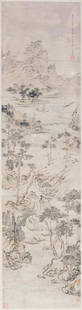 Stampa raffigurante paesaggio, Cina secolo XIX con: Stampa raffigurante paesaggio, Cina secolo XIX con iscrizione e marchi in rossocm 139,5 x 37 1