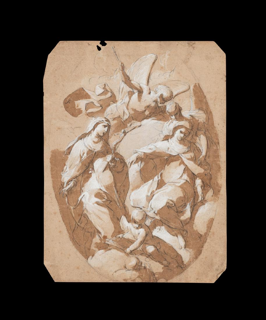 Giovanni Domenico Ferretti, detto L'Imola (Firenze 1692: Estasi di santa Teresa d'Avila e di santa Caterina da Siena matita, penna, inchiostro bruno acquerellato e rialzi di biacca su carta, mm 237 x 178 (angoli mancanti) Il disegno offerto nel lotto è lo