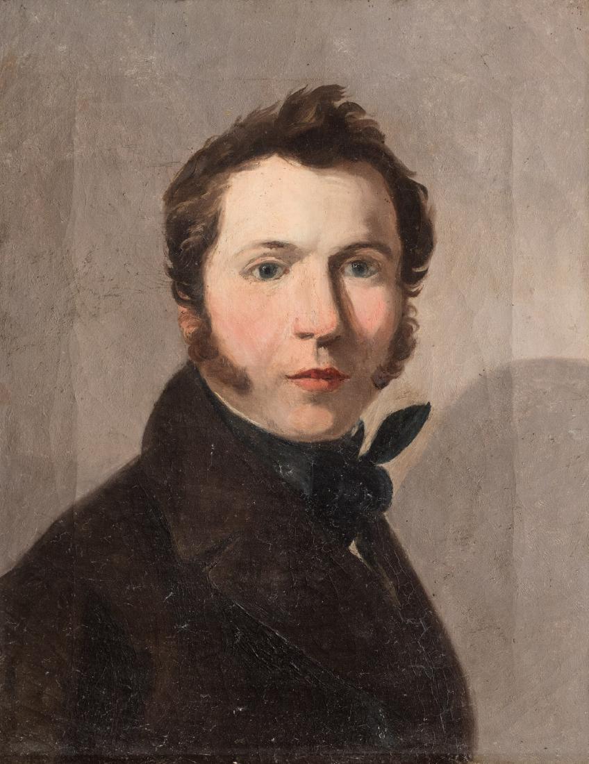 Scuola italiana, secolo XIX: Ritratto di giovane uomo a mezzo busto olio su tela originale, cm 78,4 x 39 Per il presente dipinto è stata avanzata un'attribuzione a Pietro Fancelli (Bologna 1764 - Pesaro 1850) su basi stilistiche