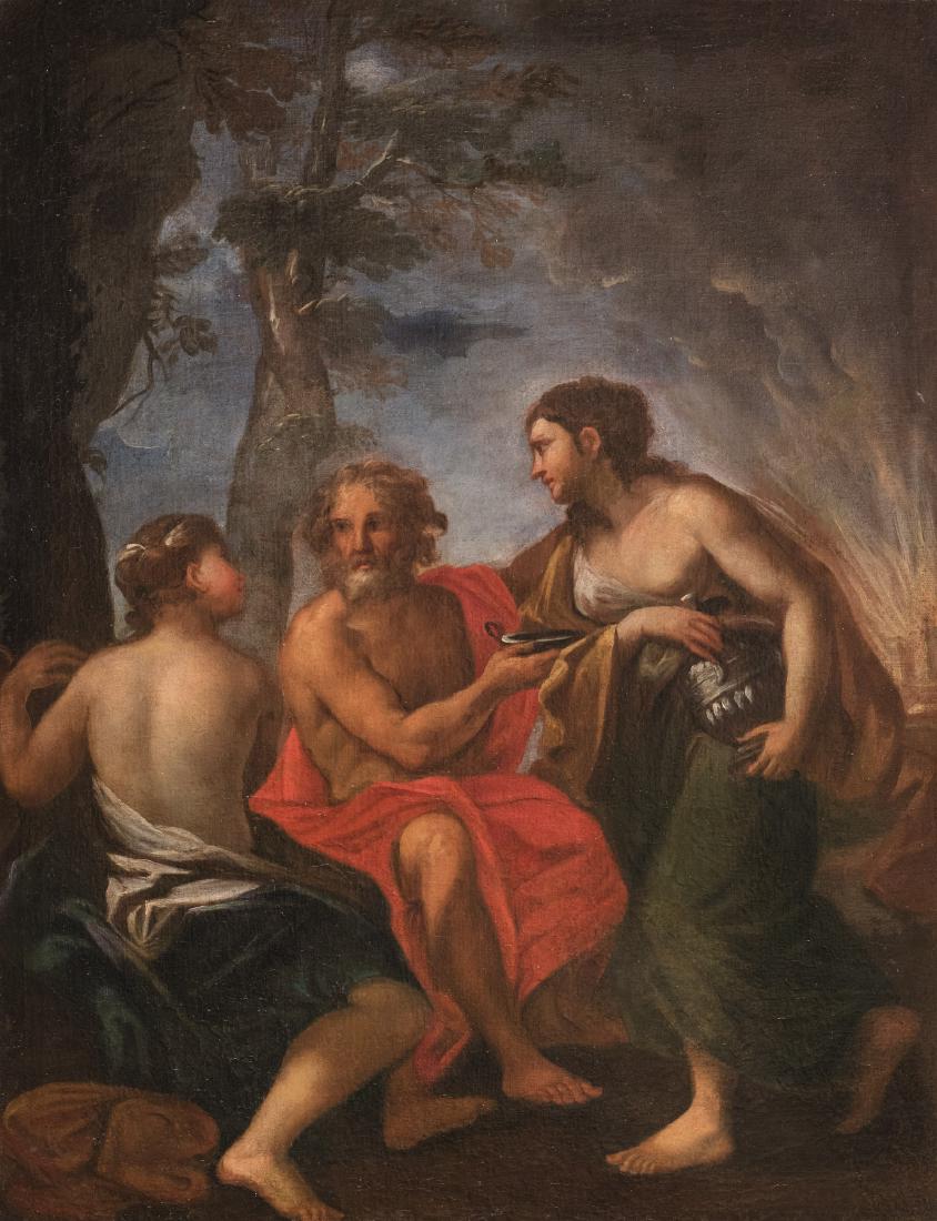 Scuola romana, secolo XVIII: Lot e le figlie olio su tela, cm 91,5 x 71, senza cornice Per il presente dipinto è stata avanzata un'attribuzione a Placido Costanzi (Roma 1702 – 1759). 1