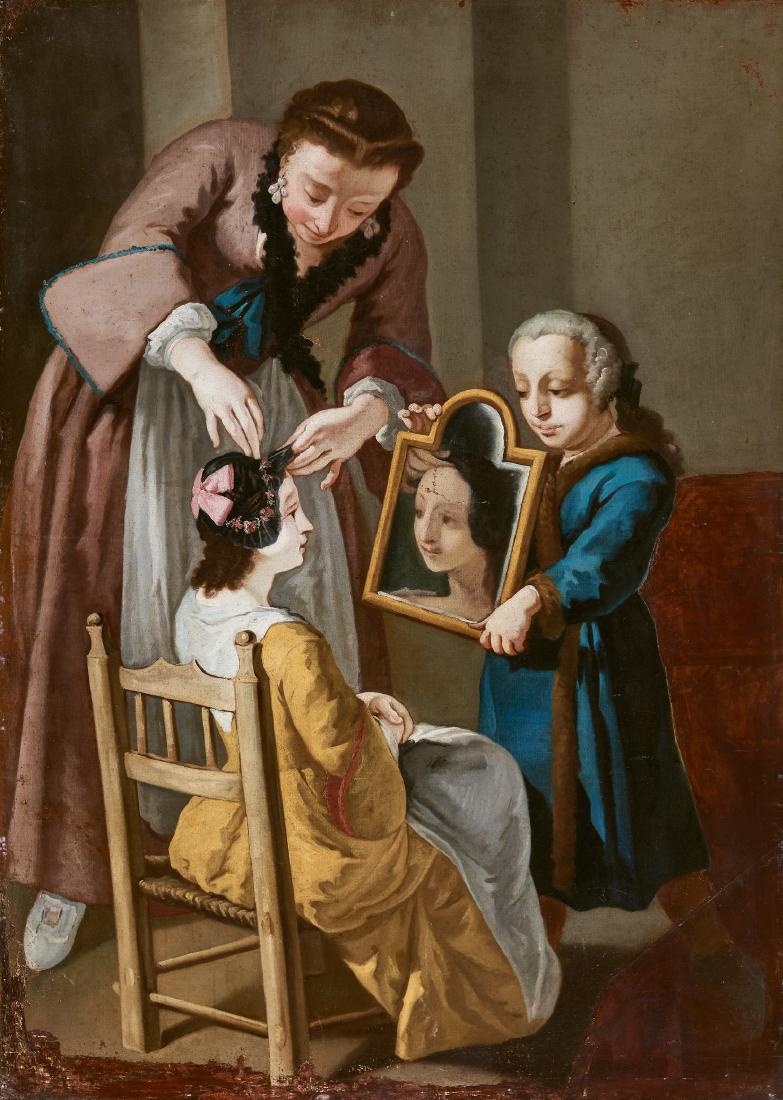 Francesco Polazzo (Venezia 1683 – 1753) e atelier: La bottega della modista (frammento) olio su tela, cm 144 x 102 PROVENIENZA: già collezione Italico Brass, Venezia. Sotheby's, Firenze, 18 dicembre 1984, come Gaspare Traversi. BIBLIOGRAFIA: L. Moret