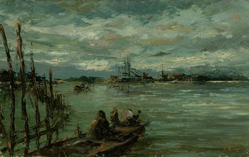 G.Riva (prima metà del XX secolo) Barche in lagun