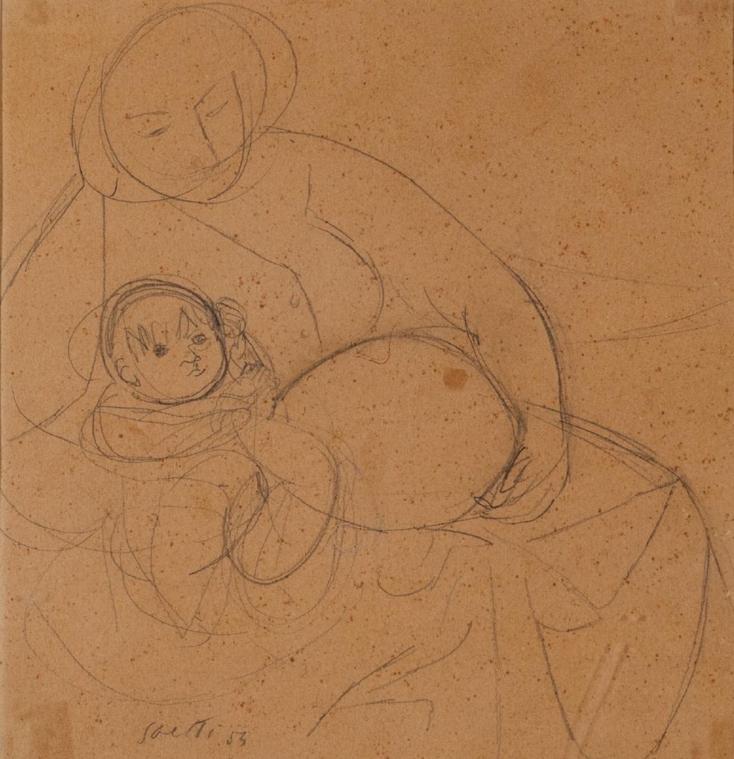 Bruno Saetti - Maternitˆ, 1954: graphite on yellow paper, cm 24,5 x 23,5 signed lower left