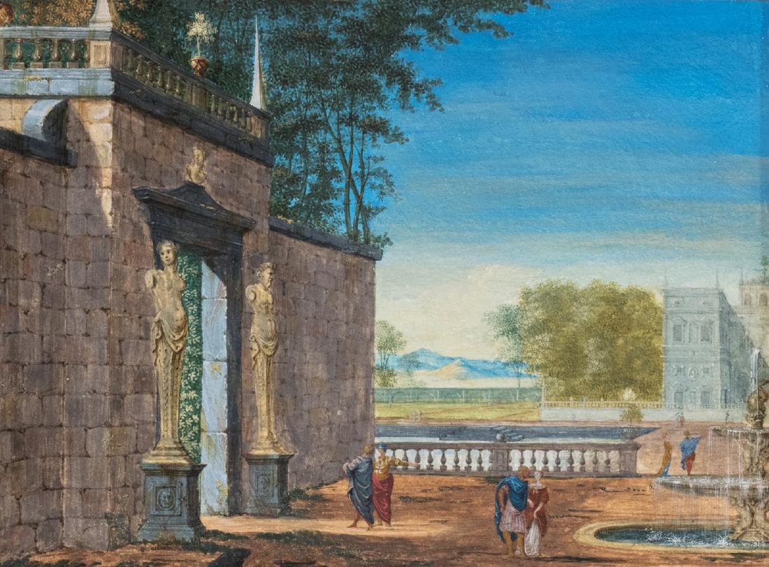Seguace di Gaspar Van Wittel: Giardino di una villa con fontana e astanti tempera su pergamena, applicata su cartoncino, entro cornice in bronzo dorato, mm 135 x 177 1 Follower of Gaspar Van WittelLandscape with a garden and a fou