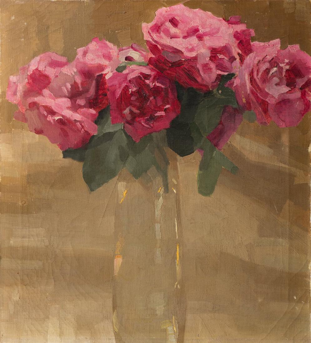 Scuola italiana prima metà del XX secolo: Rose in un vaso olio su tela, cm 46 x 41senza cornice 1 Italian School, first half of the 20th CenturyRoses in a vaseoil on canvas, cm 46 x 41unframed