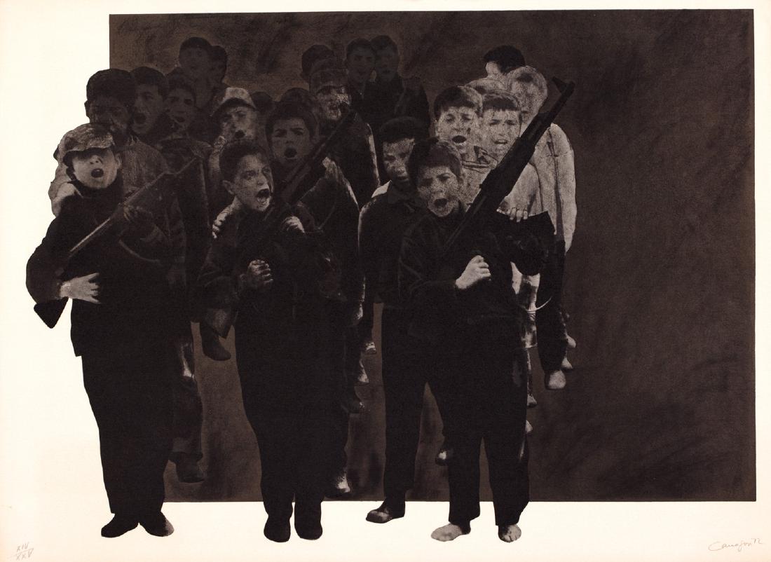 Rafael Canogar (Toledo 1935): Il gioco della guerra (the Earth), 1972 fotolitografia, es. XIV/XXV , cm 56 x 76 (misure del foglio), (sc)Firma e data a matita in basso a destraEditore e stampatore Poligrafa, Barcellona 1 photo lith