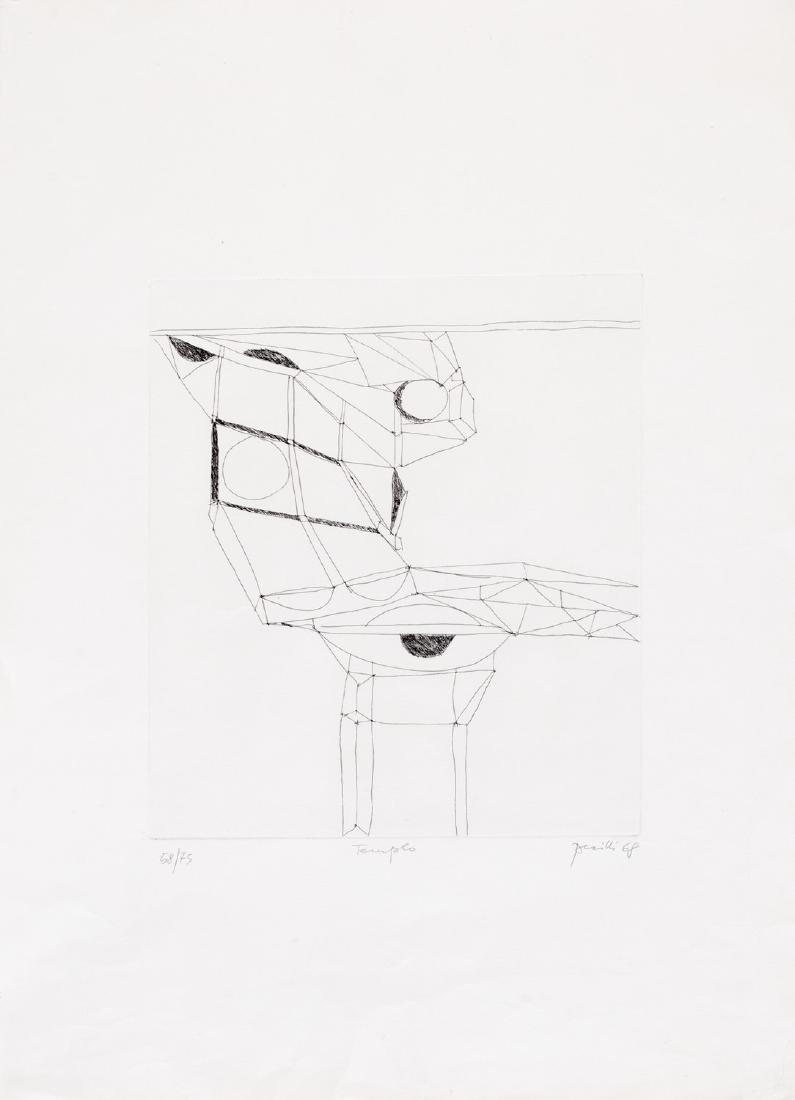 Achille Perilli (Roma 1927): Templo, 1968 acquaforte, es. 58/75, cm 35 x 30 (cm 70,6 x 50,5 misure del foglio), (sc)Firma, titolo e data a matita lungo il margine inferioreFoglio lievemente gualcito PROVENIENZA: galleria Il Segno
