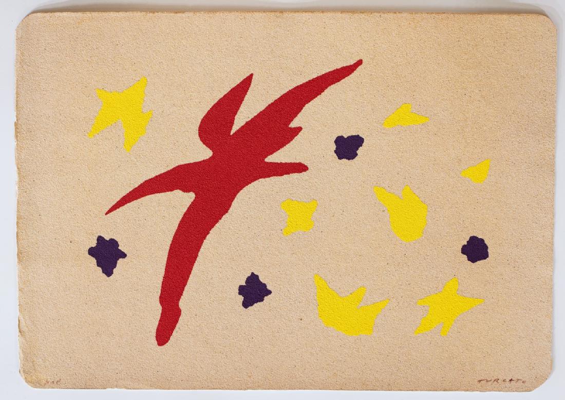 Giulio Turcato (Mantova 1912 - Roma 1995): Composizione rossa, gialla e viola serigrafia a colori su carta vetrata, es. P.A., cm 50 x 70,5 (sc)Firma a matita in basso a destra 1 silk-screen print in colours, numbered P.A., cm 50 x 70,5 (unfram