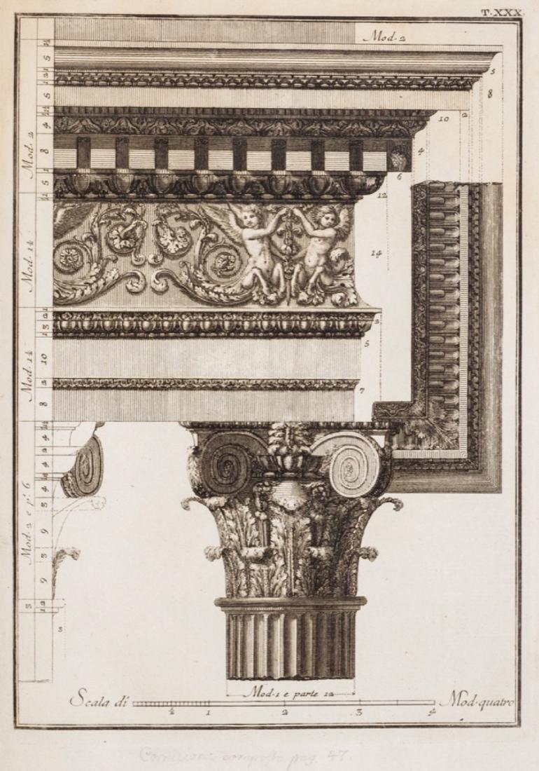 Architettura - Barozzi, Giacomo da Vignola: Il Vignola illustrato proposto da Giambattista Spampani, e Carlo Antonini Roma, Stamperia di Marco Pagliarini, 1770. In 2Â°. Antiporta allegorica, tavola con ritratto di Clemente XIV, frontespizio c