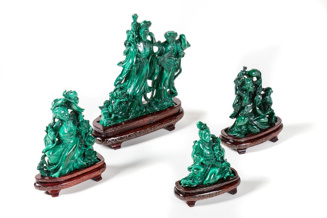 Four malachite sculptures, China 20th century: altezze cm 21,15,13 e 11