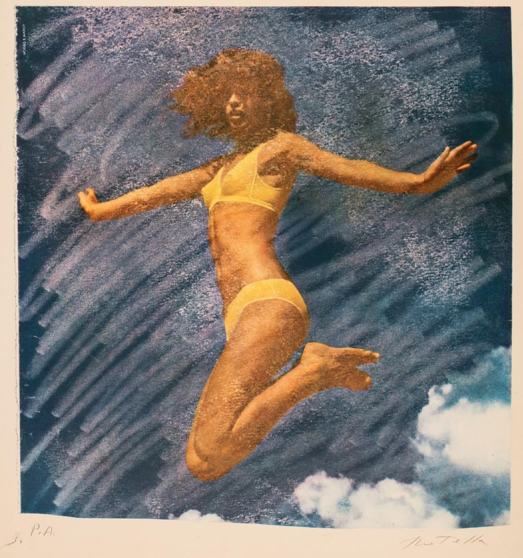 Mimmo Rotella - Two papers: a) Donna che salta, serigrafia a colori, es. P.A., cm 98,5 x 67 (misure del foglio), (sc) Firma a matita in basso a destra lievi gualciture b) Volto di donna serigrafia a colori, es. P.A., cm 98 x 67 