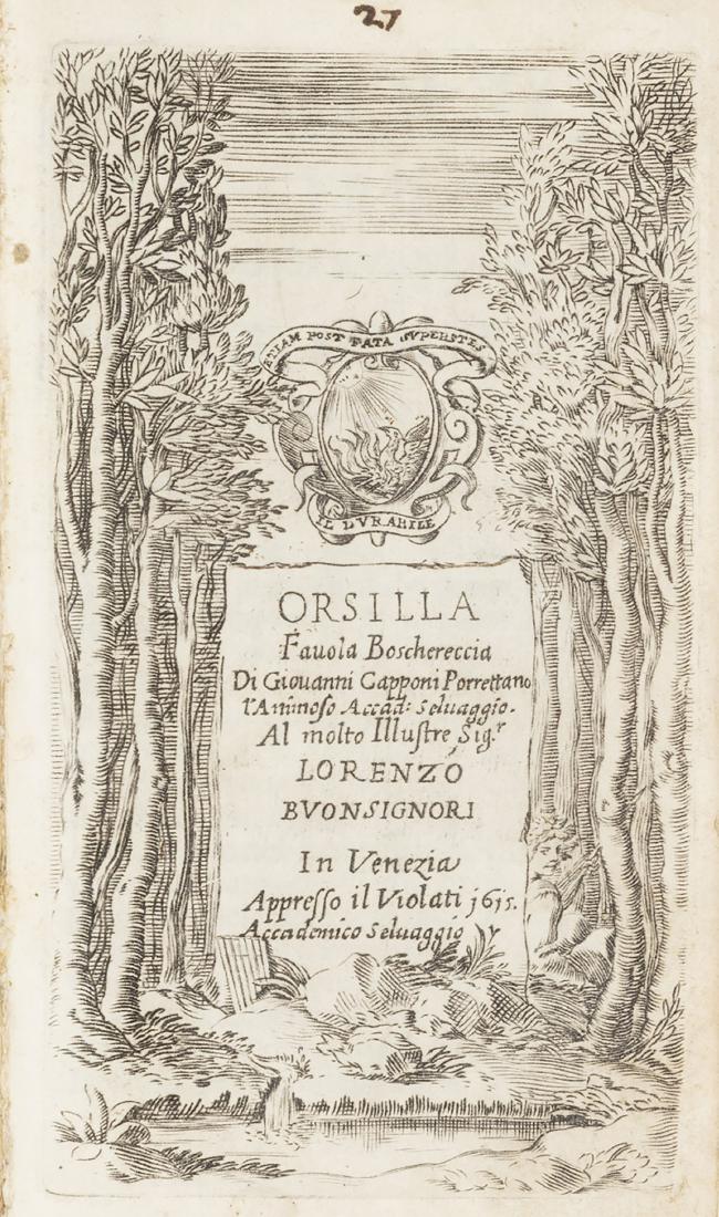 Opere teatrali - [Lesena, Pietro]: Venezia, Giacomo Violati, 1615. In 12Â°. Frontespizio calcografico raffigurante un bosco con stemma del dedicatario, marca xilografica in fine, con le ultime 3 carte bianche, legatura coeva in carto