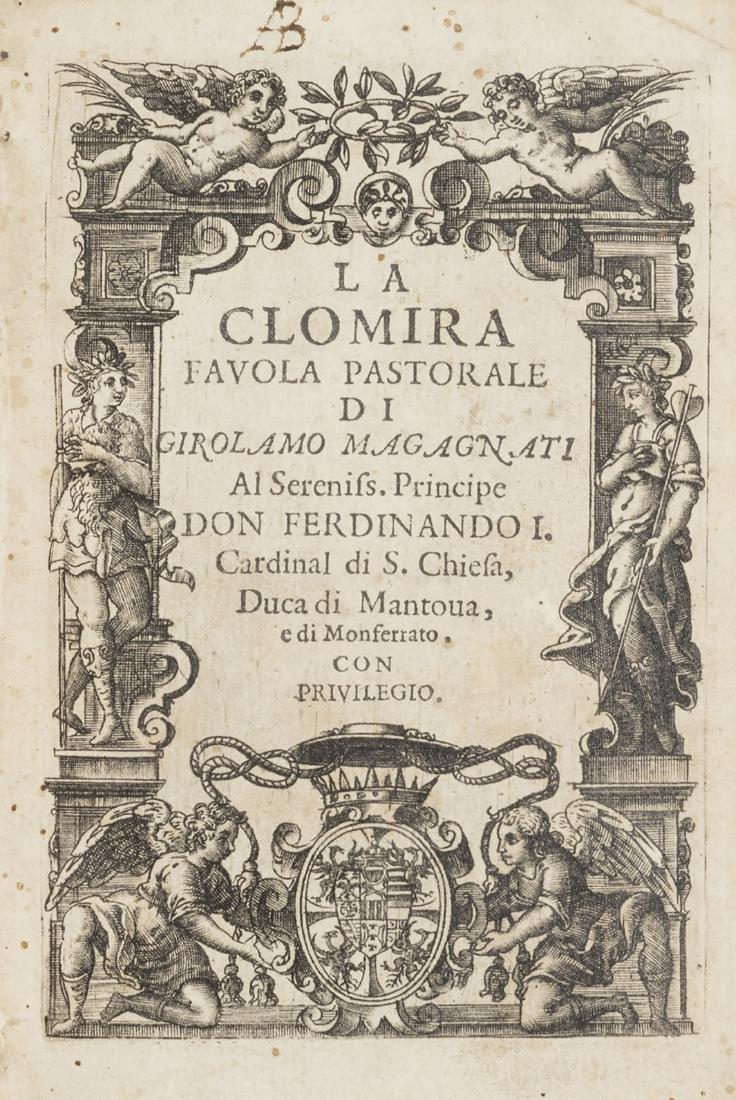 Opere teatrali - Magagnati, Girolamo: Venezia, Antonio Pinelli, 1613. In 16Â°. Frontespizio architettonico inciso in rame con lo stemma del dedicatario principe Don Ferdinando I, una tavola fuori testo e 5 tavole calcografiche nel testo