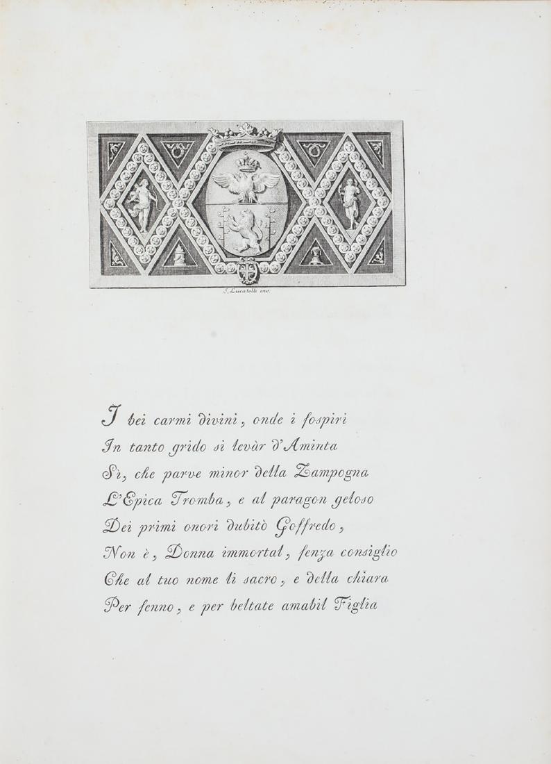 Bodoni - Tasso, Torquato: Crisopoli (ma Parma), Co' Tipi Bodoniani, 1789. In 8Â°. Ritratto di Tasso inciso in rame entro medaglione al frontespizio, bella testatina calcografica con stemma di Anna Malaspina dedicataria dell'