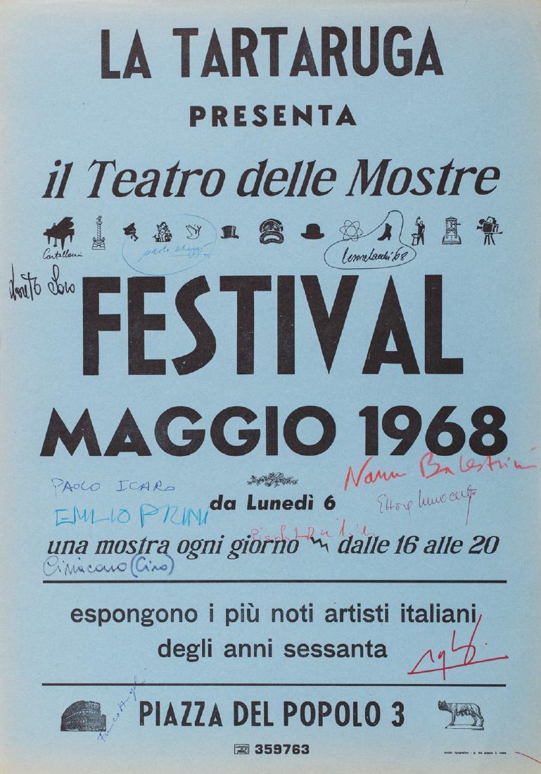 Il Teatro delle Mostre - Festival Maggio 1968: signed poster cm 50 x 70 poster on light blue paper signed by Paolo Scheggi, Cesare Tacchi, Paolo Icaro, Emilio Prini, Nanni Balestrini, Ettore Innocente, Ciriacono, Franco Angeli, Enrico Castellani,