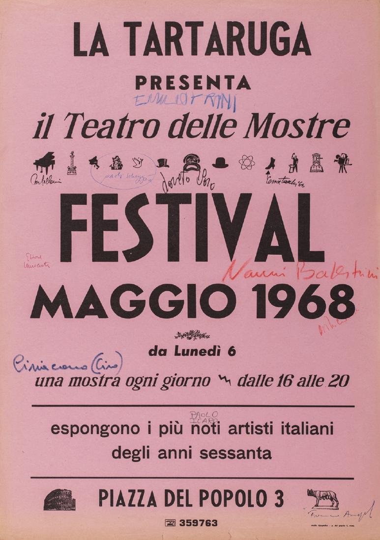 Il Teatro delle Mostre - Festival Maggio 1968: signed poster cm 70 x 50 poster on rosÃ¨ paper signed by Paolo Scheggi, Cesare Tacchi, Paolo Icaro, Emilio Prini, Nanni Balestrini, Ettore Innocente, Ciriacono, Franco Angeli, Enrico Castellani, Lor