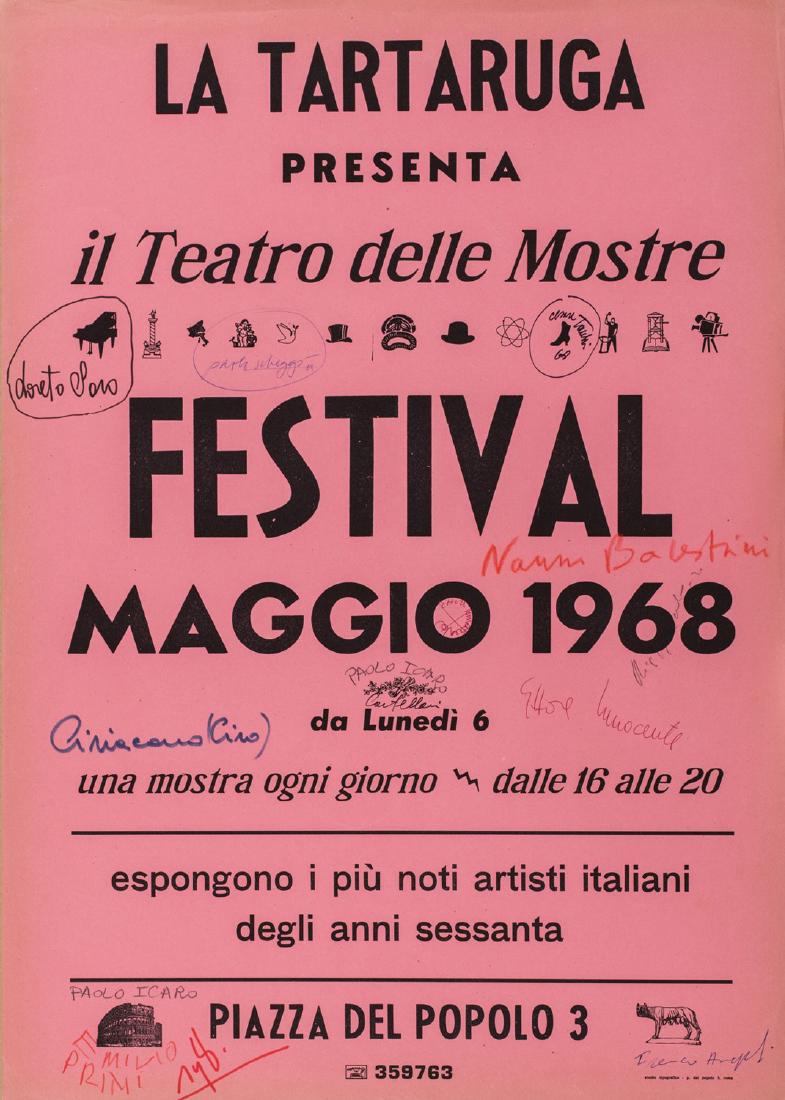 Il Teatro delle Mostre - Festival Maggio 1968: signed poster cm 70 x 50 poster on pink paper signed by Paolo Scheggi, Cesare Tacchi, Paolo Icaro, Emilio Prini, Nanni Balestrini, Ettore Innocente, Ciriacono, Franco Angeli, Enrico Castellani, Loreto