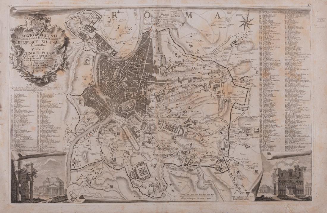 Roma - Nolli, Giovanni Battista - Urbis Ichnographiam a: Acquaforte, [1748], mm. 761 x 498, in alto a sinistra cartiglio con la dedica, fioriture ed arrossature leggera, strappi ai margini.Â Incisione edita nel '700,Â della carta di Roma antica di Leo