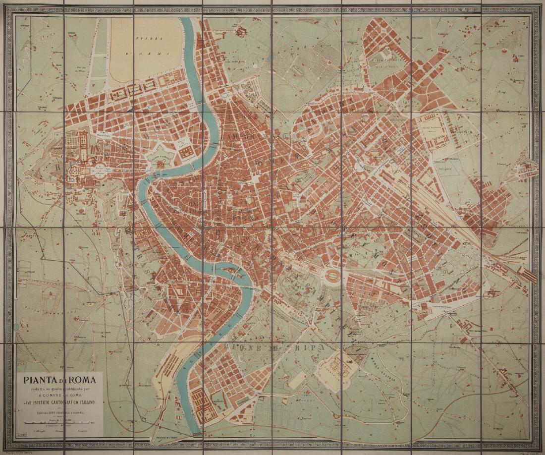 Roma - Piante topografiche - Roma e i suoi dintorni.: Una pianta topografica incisa in rame, Roma e Torino, Giovanni Battista Maggi, 1873,Â su 24 fogli applicati su tela, cm 70 x 91, stampata in rosso e nero, incisa da Giuseppe Micheletti, con la lege