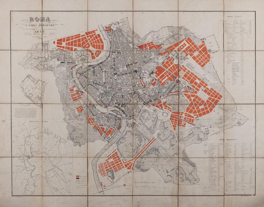 Roma - Piante topografiche - Roma e i suoi dintorni: Carta su tela ripiegata, Roma, G.B. Maggi, 1873, mm. 910 x 709, arrossature e strappi ai margini restaurati. Â§ Roma e suoi dintorni. Arricchita del suo piano regolatore d'ampliamento. Roma, U. Boss