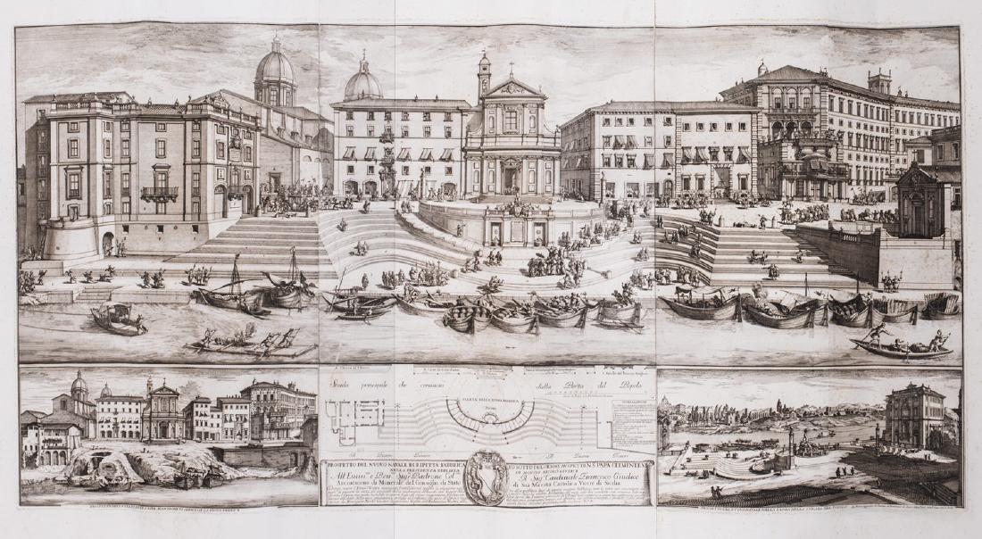 Specchi, Alessandro - Prospetto del Nuovo Navale di: Roma, Domenico DeRossi, sec. XIX, mm. 950 x 1605 ai margini, 665 x 13 all'impronta della lastra,su tre fogli da 3 lastre, ai margini, in basso al centro, cartiglio con le armidel dedicatario e titolo,
