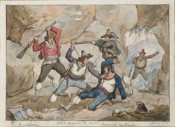 Bartolomeo Pinelli (1781-1835).: Bartolomeo Pinelli (1781-1835). Lite di briganti, 1820firmato 'Pinelli f.' (in basso a destra) intitolato 'Lite di Briganti di Sonnino' (in basso al centro) acquerello su cartoncino 165 x 230