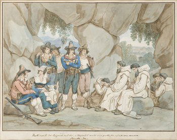 Bartolomeo Pinelli (1781-1835).: Bartolomeo Pinelli (1781-1835). Frati rapiti dai briganti, 1821in basso scritta con descrizione del soggetto con firma 'Pinelli' e data '1821' acquerello su carta 210 x 265 mm.