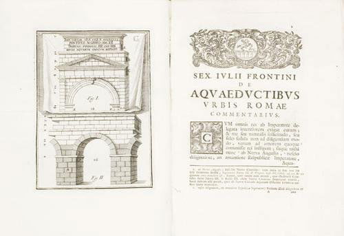 Acquedotti - Frontino. De Aquaeductibus Urbis Roma: Acquedotti - Frontino. De Aquaeductibus Urbis Romae Commentarius.Padova, Manfrè, 1722. In 4°. Marca tipografica al frontespizio, altra al colophon, 15 pregevoli tavole incise in rame, testatin