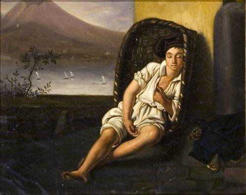 Scuola napoletana della prima metà del XIX secolo: Scuola napoletana della prima metà del XIX secolo Napoli, il riposo del pescatorelloolio su tela 24,8 x 31 cm.