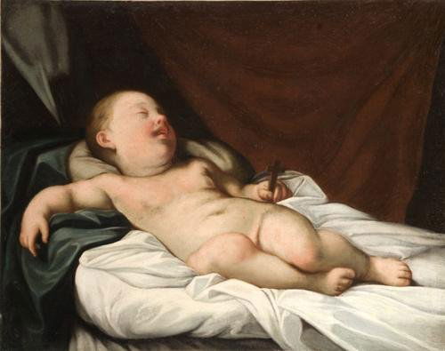 Scuola emiliana, secolo XVII Gesù Bambino dormient: Scuola emiliana, secolo XVII Gesù Bambino dormienteolio su tela cm 56,5 x 71 ***La figura del Bambino trova un confronto con quella raffigurata nel dipinto di Elisabetta Sirani, 'La Mado