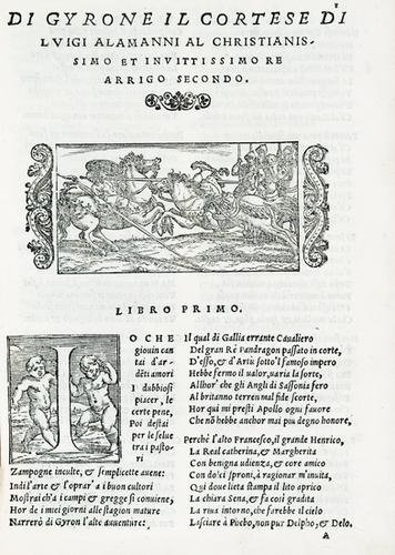 Alamanni, Luigi. Girone il cortese.: Alamanni, Luigi. Girone il cortese.Venezia, Comin da Trino di Monferrato, 1549. In 8°. Bel frontespizio figurato contenente il ritratto dell'autore, elegante testatina incisa su legno in princ
