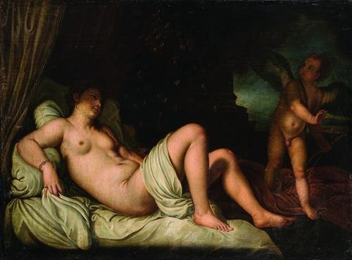 Da Tiziano Vecellio, secolo XIX Danae: Da Tiziano Vecellio, secolo XIX Danaeolio su tela, senza cornice cm 65 x 102 ***Tratto dal dipinto omonimo di Tiziano a Napoli, Museo di Capodimonte..
