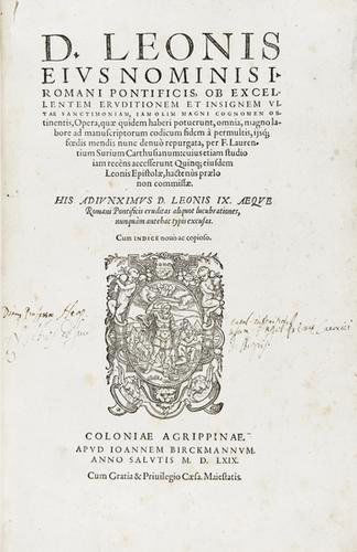Religiosi - Leone I, papa. Opera quæ quidem haberi: Religiosi - Leone I, papa. Opera quæ quidem haberi potuerunt, omnia, magno labore ad manuscriptorum codicum... repurgata.Colonia, Johann Birckmann, 1569. In 2°. Bella marca tipografic
