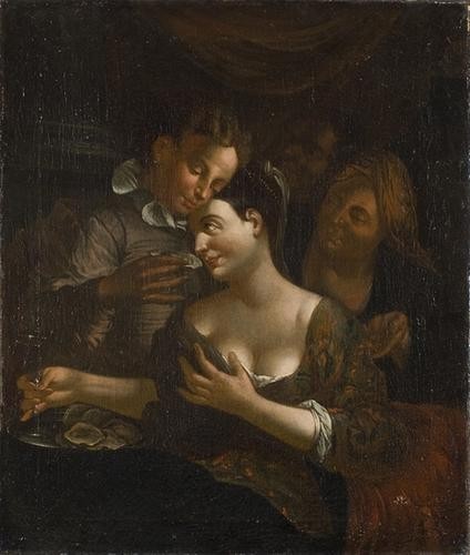 "Scuola europea, secolo XVIII " "Coppia galante ch: "Scuola europea, secolo XVIII " "Coppia galante che mangia ostriche in un interno""olio su tela cm 59 x 50"