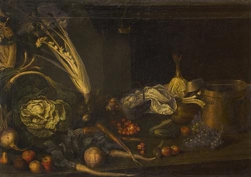 "Scuola toscana, secolo XVII" "Frutta e ortaggi su: "Scuola toscana, secolo XVII" "Frutta e ortaggi su un tavolo da cucina""olio su tela cm 113 x 165"